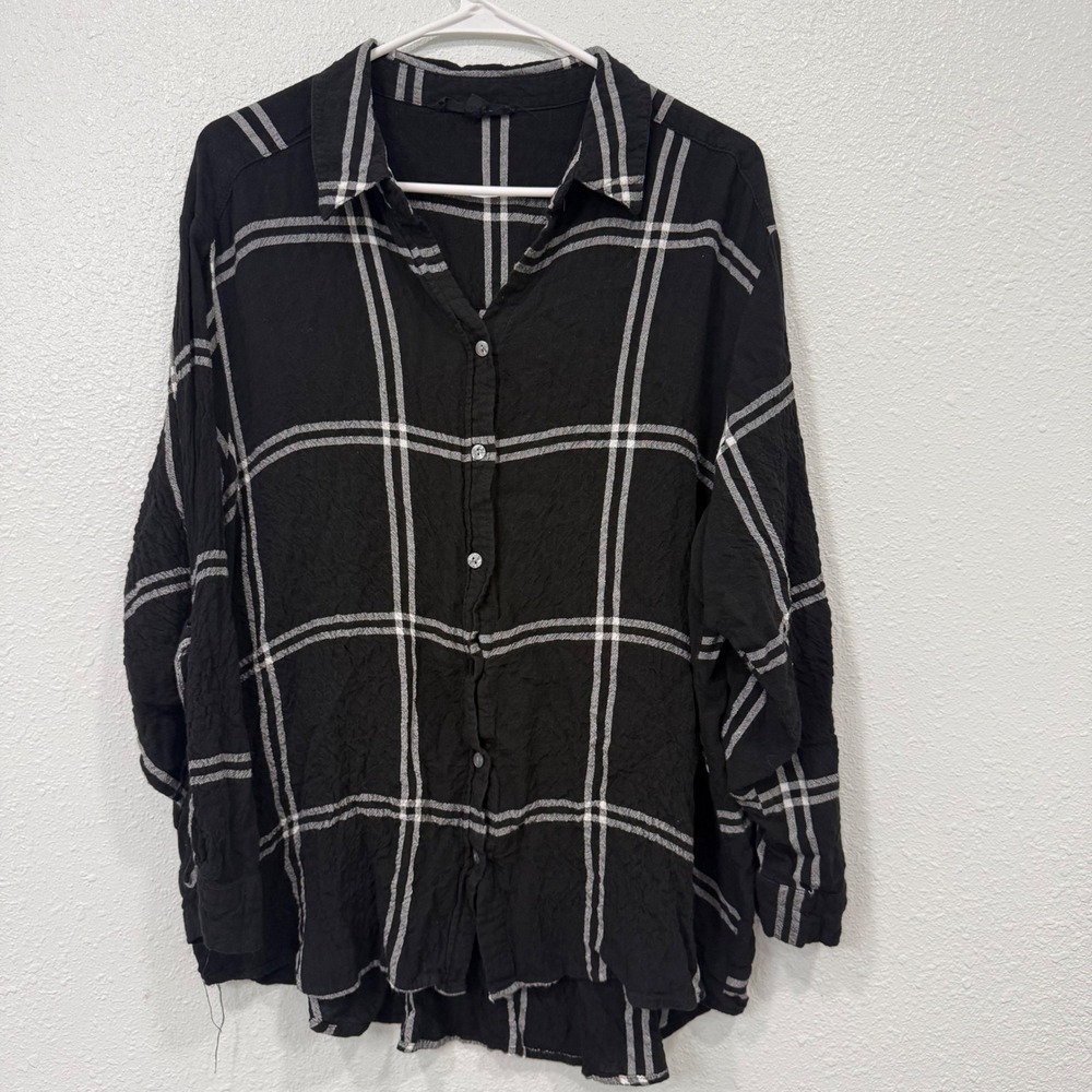Jane + Delancey Black White Windowpane Plaid Textured Button Down Shirt 1X